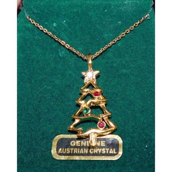 Genuine Austrian Crystal Gold Christmas Tree Necklace - Picture 2 of 6